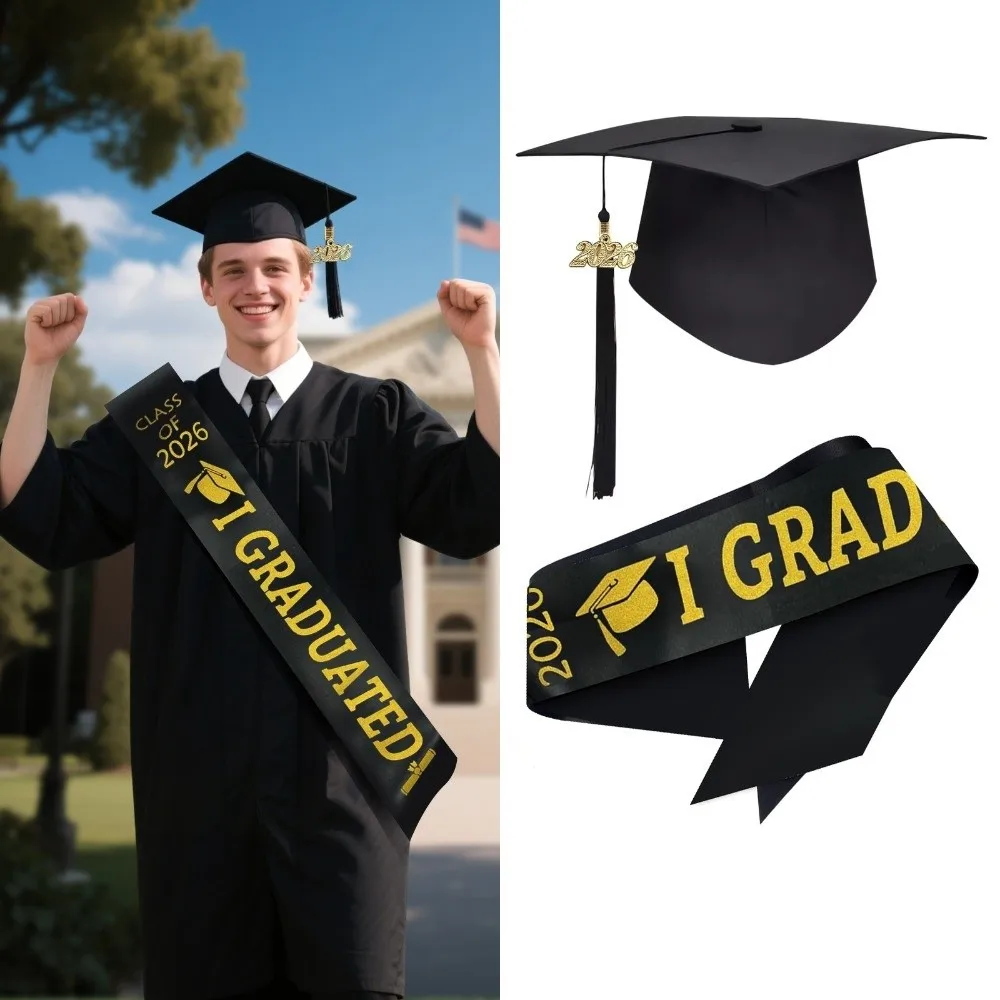 

Black Golden Graduation Set Class of 2026 With Tassel Tassel Bachelor Cap Badge Plain Cloth Satin Graduation Shoulder Strap
