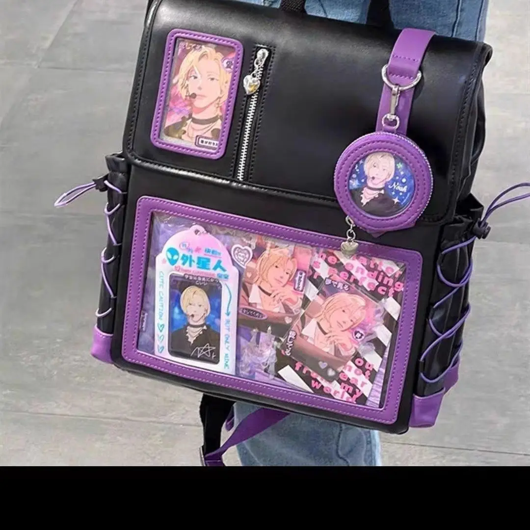 Y2K Itabag-Sac à dos bleu de dessin animé, épissage Kawaii, PU, peut être groupé, peut motort, épaule, grande capacité, sac de rangement étanche