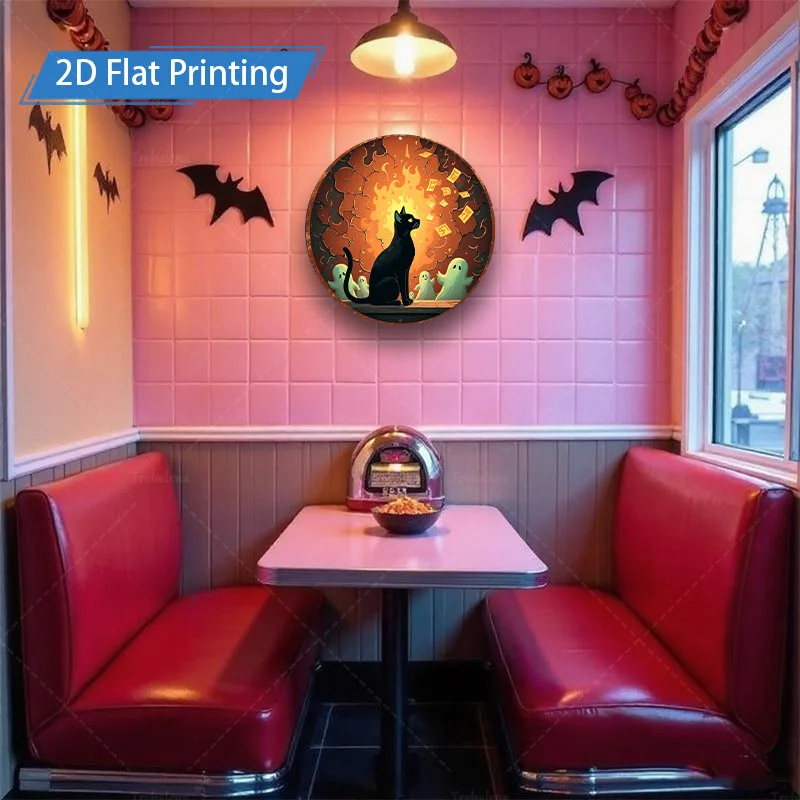 Targa in metallo da 1 pezzo, stampa artistica in ferro con gatto nero e fantasmi di Halloween da 4x16 pollici, decorazione festiva per bar, stampa piatta 2D