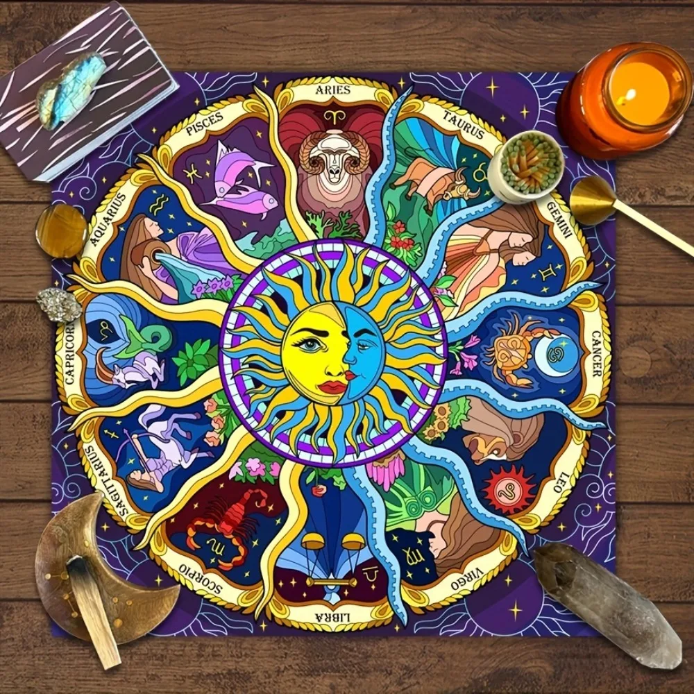 Nappe de Tarot 50/75cm, impression numérique HD, motif Lune et Soleil, en polyester imperméable et infroissable, pour divination et fêtes