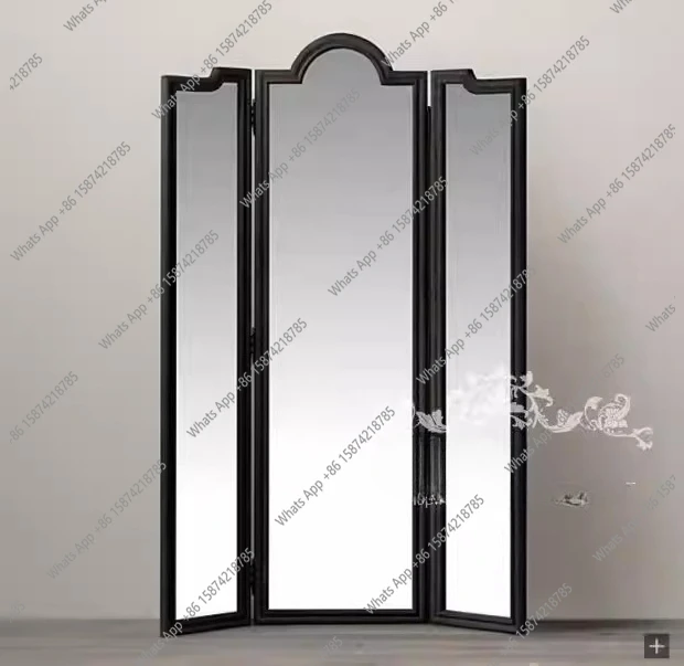 

Retro modern three-sided folding floor fitting mirror American rural solid wood full-length mirror floor mirror