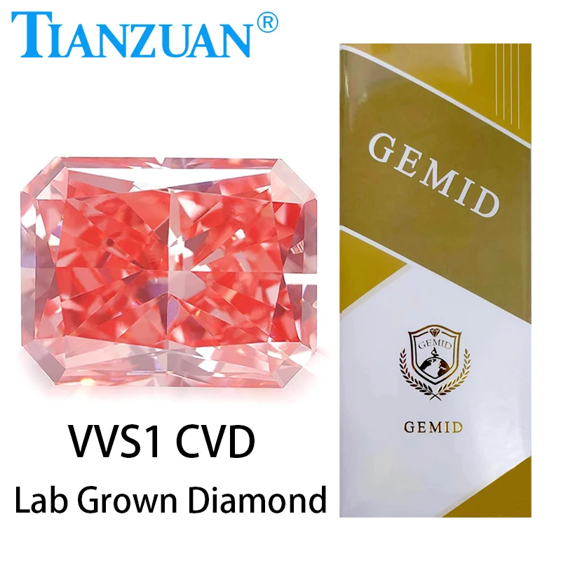 Lab Grown Diamond CVD Radiant Cut Fancy Vivid Pink Color 1.212CT VVS1 2EX Loose Gemstone Bead with GEMID Certified