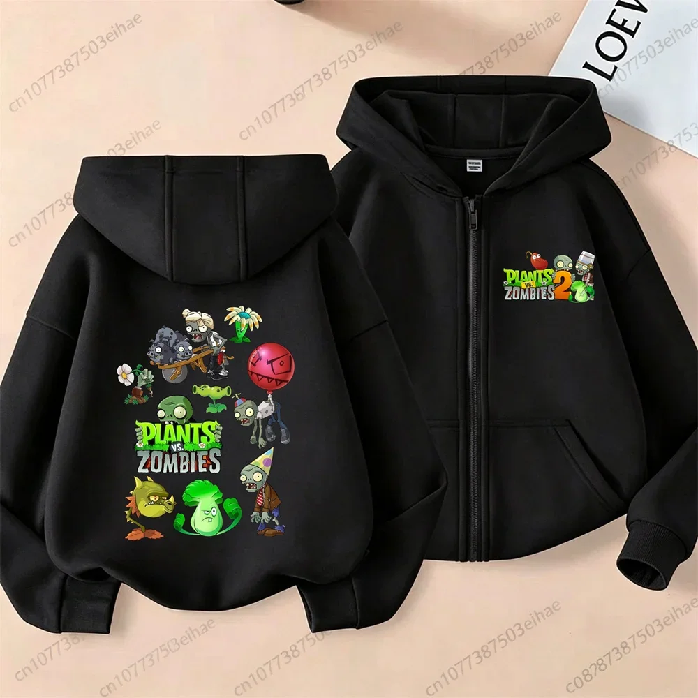 Plants Vs Zombies 2 Zip Up Hoodie for Kids Mixed Plants and Zombies Cartoon Print Jacket, Boys Girls Sweatshirt, Daily Outerwear