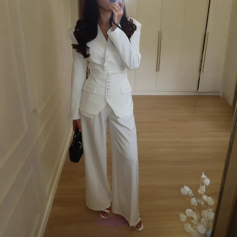 

BJTZ Women Solid Color Blazer Wide Leg Pants Suit Elegant Commute Office Wear 2026 Spring Autumn Outfit