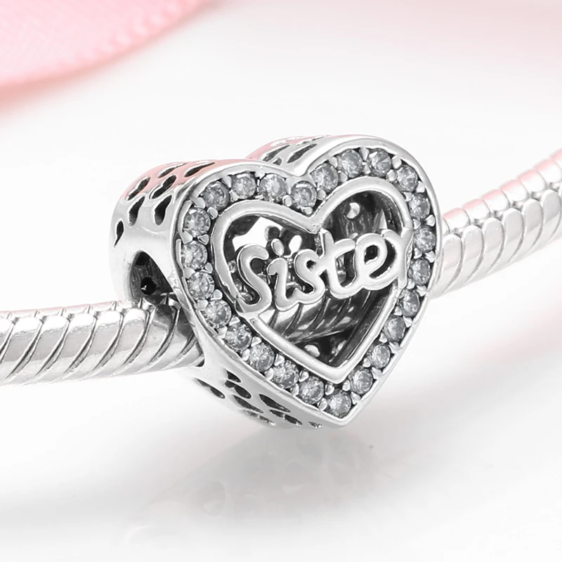 High Quality 925 Sterling Silver Hollow Out Heart Sister beads Charms Fit Original European Charm Bracelet Jewelry making