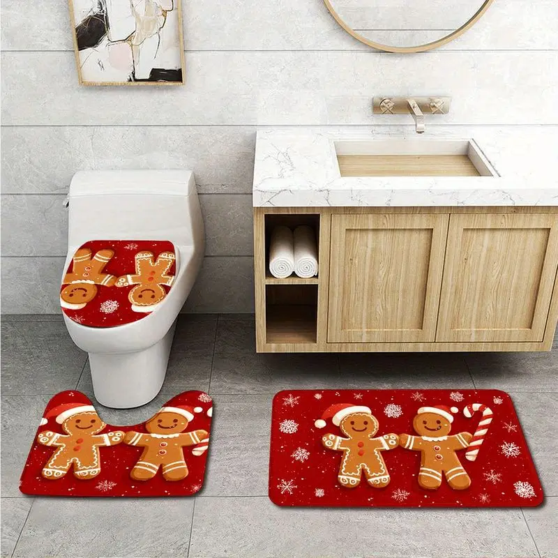 VIKAMA Christmas Toilet Mat Set Gingerbread Man Print Flannel Bathroom Rug Toilet Seat Cover U Shape Non Slip Washable Floor Mat