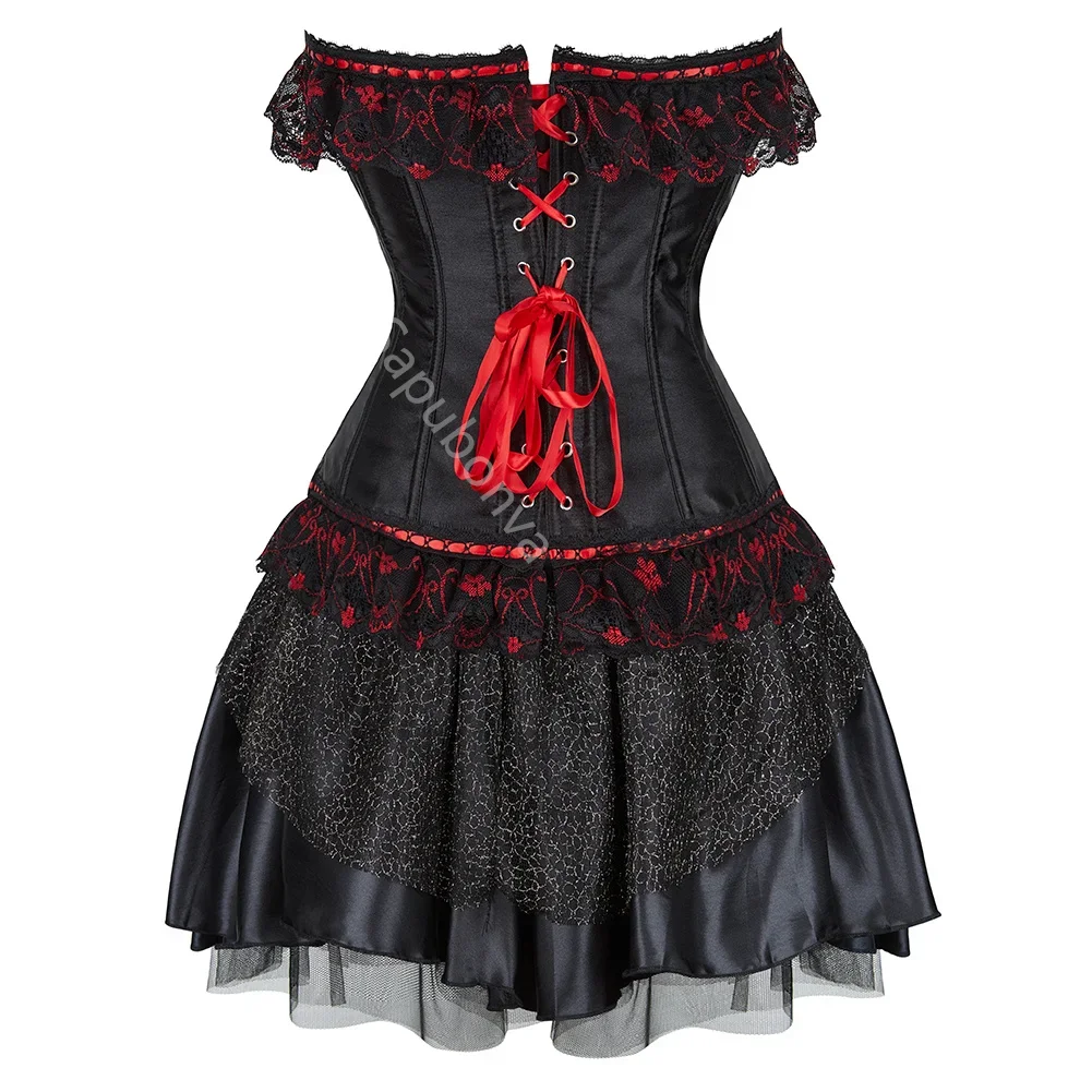 Korsetjurk Gothic Lolita Cictoriaans Grote maten Kanten bloembustier met rok Tutu Mode Halloween-kostuums Sexy stijl Zwart