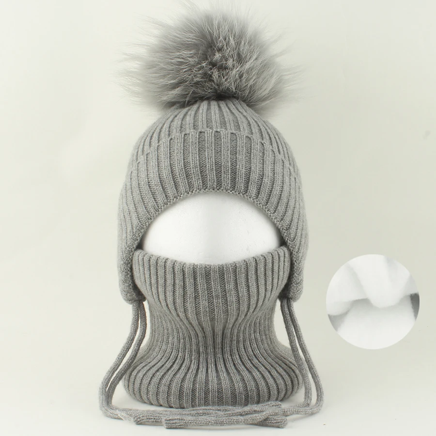 Winter-Wollmütze mit Nackenschutz 2-teiliges Set Echte Fuchsfell-Mütze für Kinder Jungen Mädchen Dicke Fleece Warme Gestrickte Gestreifte Ohrenklappe Baby Skullies Mütze – Detail 25