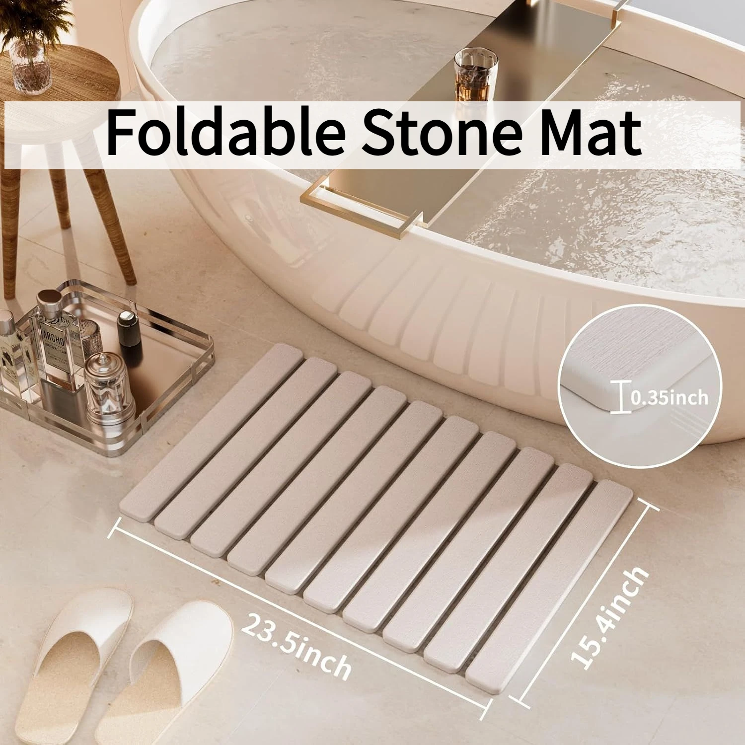 Foldable Stone Bath Mat, Non-Slip Large Diatomaceous Shower Mat, Super Absorbent Quick-Drying Stone Mat for Bathroom Kitchen Floor Counter Sink, Easy To Clean & Store, with Storage Holder