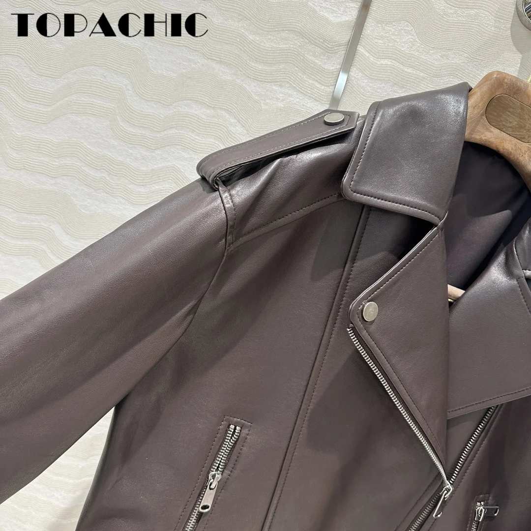 7.30 TOPACHIC-Women\'s Vintage Epaulet Genuine Leather Short Jacket All-matches Turn-down Collar Zipper Sheepskin Outerwear