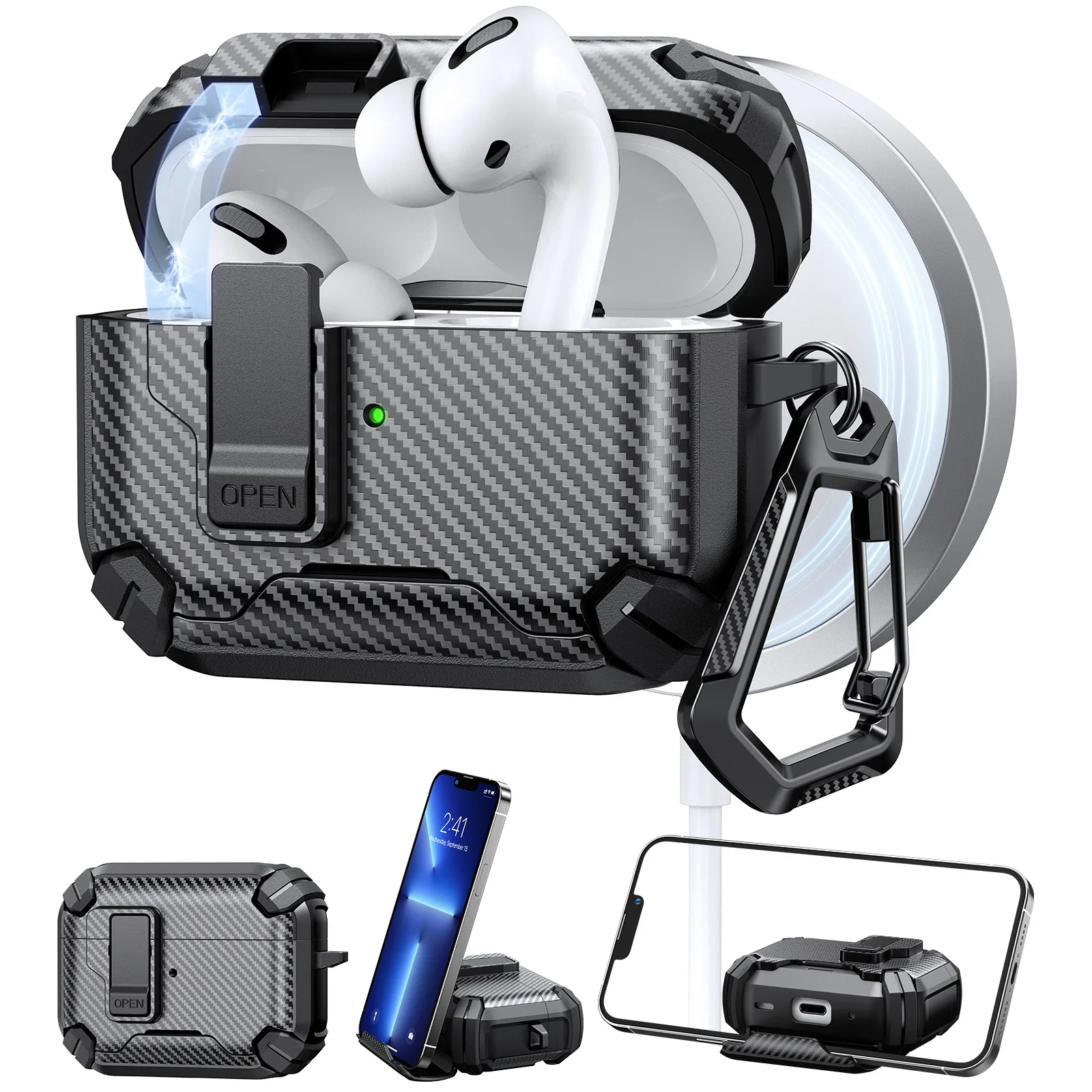 

with Carabiner Lock Phone Stand Protective Case for airpods 4/ pro/pro2 Cover Shockproof Sleeve Cases