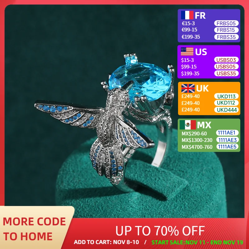

Vintage Blue Cubic Zirconia Eagle Rings High Quality Rhinestones Adjustable Luxury Designer Accessories Woman Jewelry Wedding