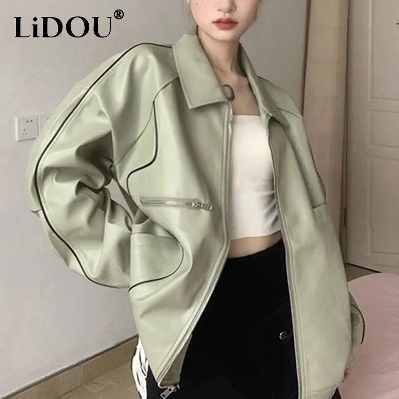 

spring autumn street style harajuku Y2K PU leather jacket ladies long sleeve patchwork fashion zipper coat women's cardigan top