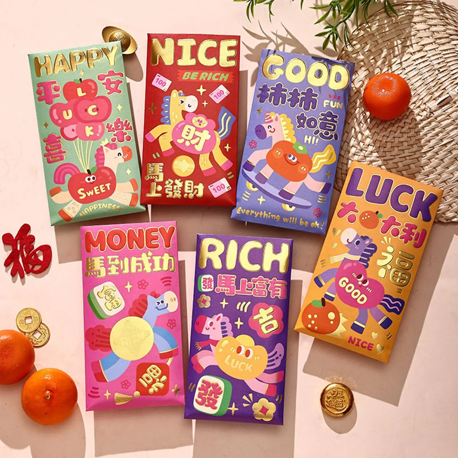 6 pçs dos desenhos animados cavalo ano envelope vermelho 2026 em relevo ano novo chinês envelopes vermelhos ano novo lunar chinês envelopes vermelhos para crianças
