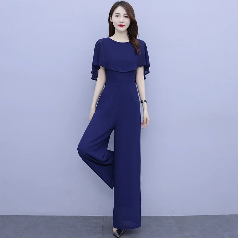 

Women Summer Draped Playsuits Wide Leg Pants Long Trousers Palazzo Ladies Playsuits Jumpsuits Solid Color Short Sleeve Age