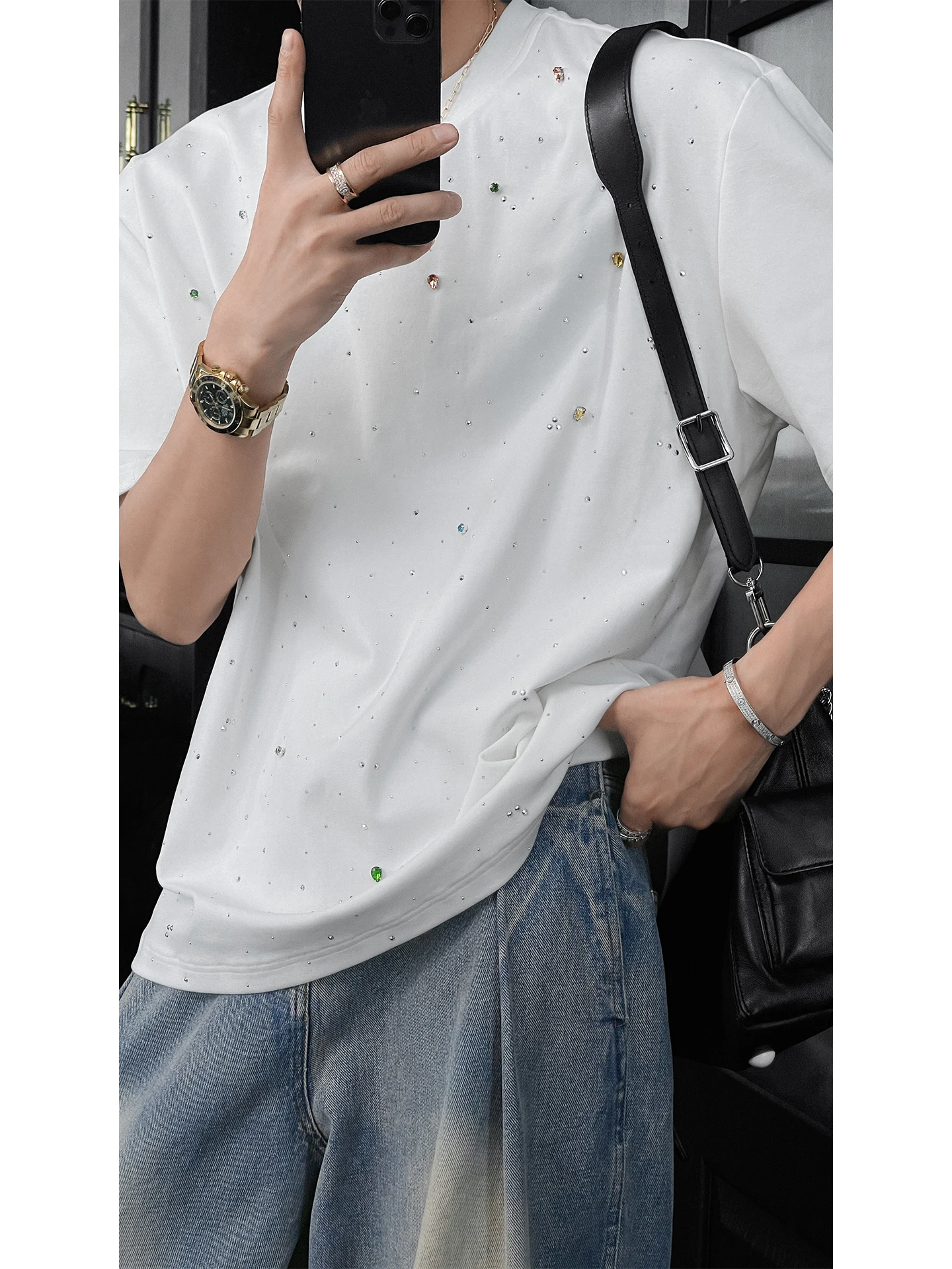 Men's 2025 Summer New High-end Tees Male Beaded Hot Diamond Chic T-Shirts Men's Loose Fashion Versatile Short Sleeve Trendy Tops