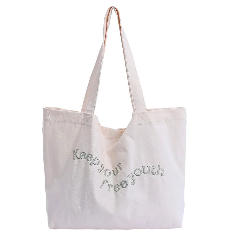 

Trendy Solid Color Canvas Totes Bag College Student Casual Letters Shoulder Bag Large Capacity Versatile Women's Handbag Girls
