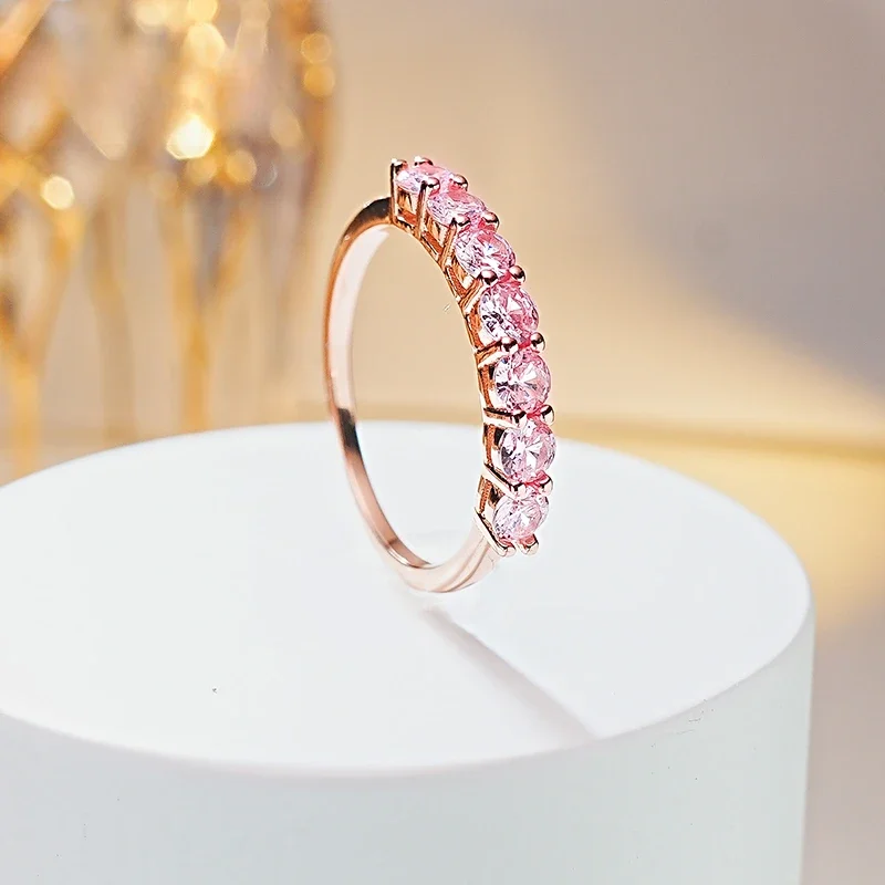 

Light Luxury Sweet Pink Diamond 925 Silver Row Diamond Ring Set, Plated with Rose Gold High Carbon Diamonds