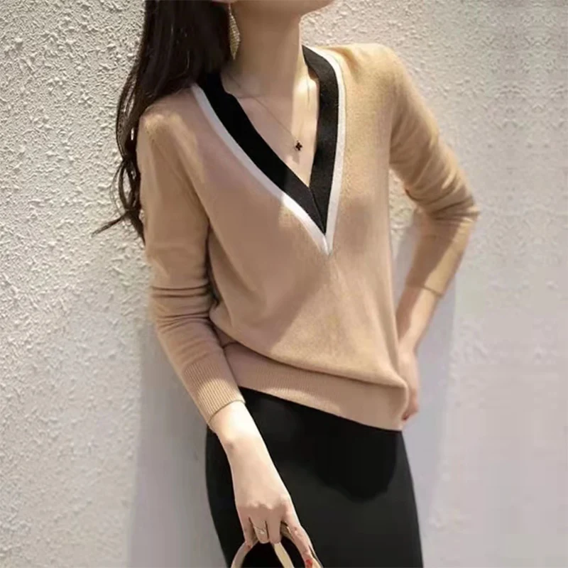 2024 Spring Comfortable Simple Knitwear Women Clothing Solid Fashion Daily Casual Sweaters V-neck Pullover Loose Tops