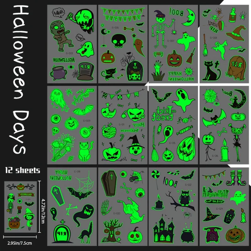 Scary 12-Pack Spooky Glow-in-the-Dark Halloween Tattoo Sticker Set - Witch, Spider, Bat and Pumpkin