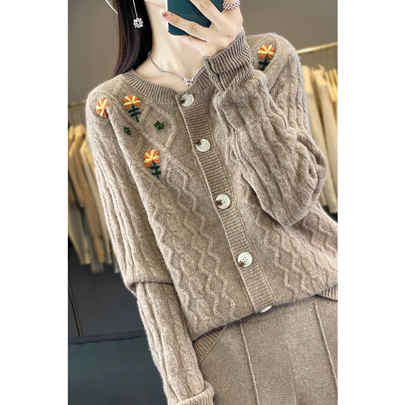 Embroidered flowers 100% pure cashmere cardigan women's round neck twisted knitted coat