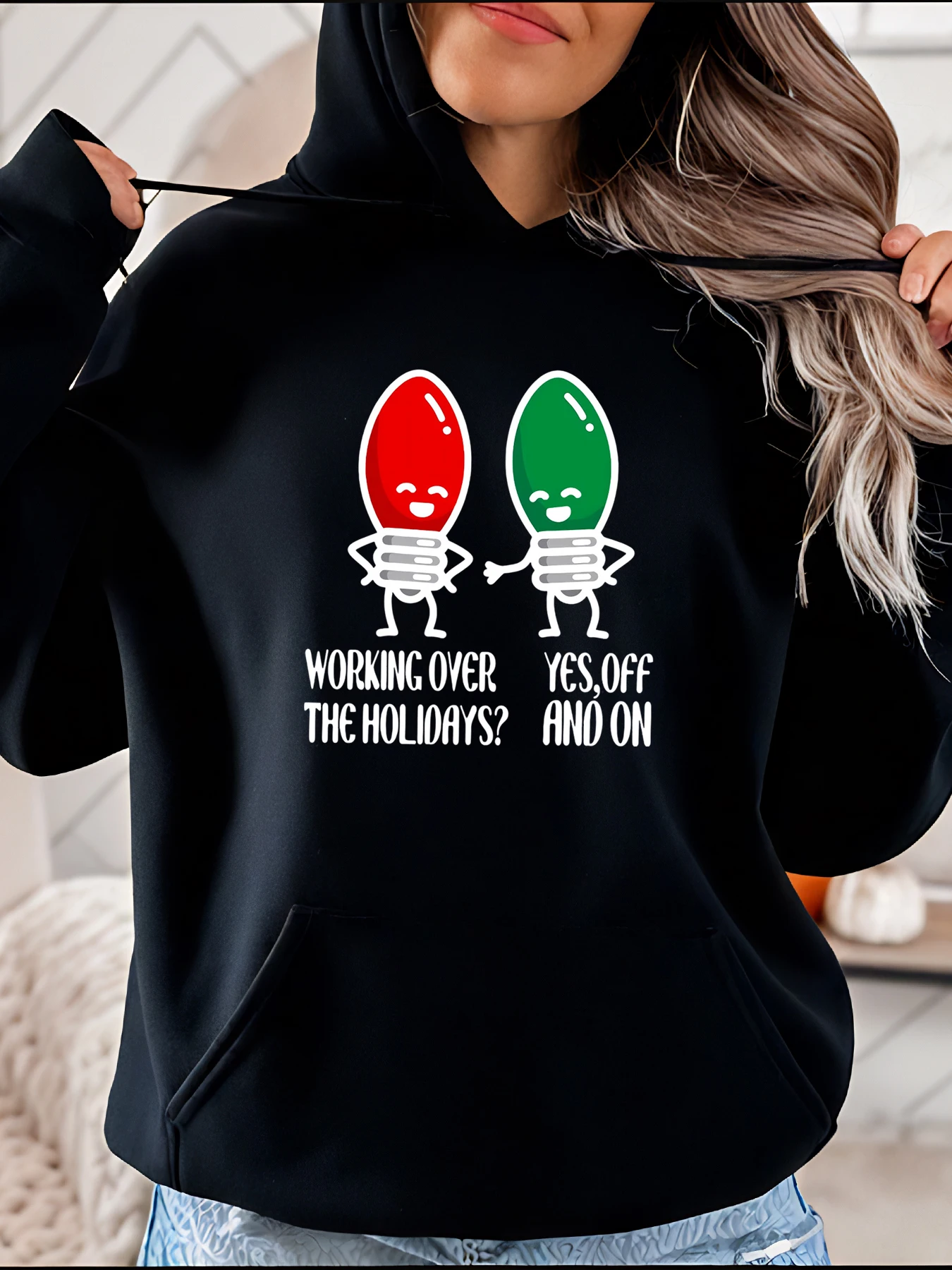 Christmas Light Bulb Print Hoodie Casual Holiday Sweatshirt with Pocket for Women Festive Party Wear