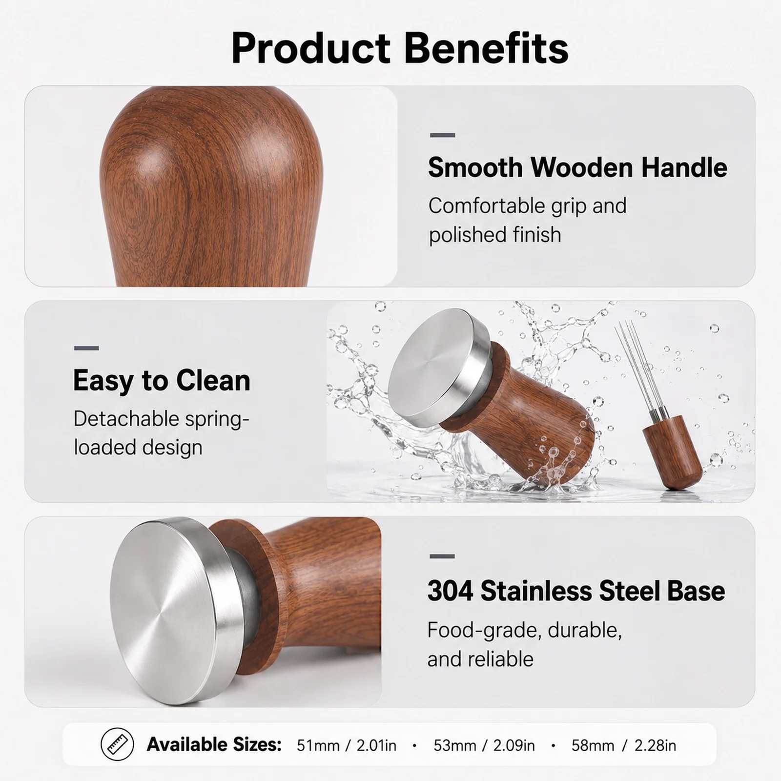 This 3-piece Italian coffee tamper set, made of mahogany and stainless steel, is a high-quality coffee tool set for baristas.