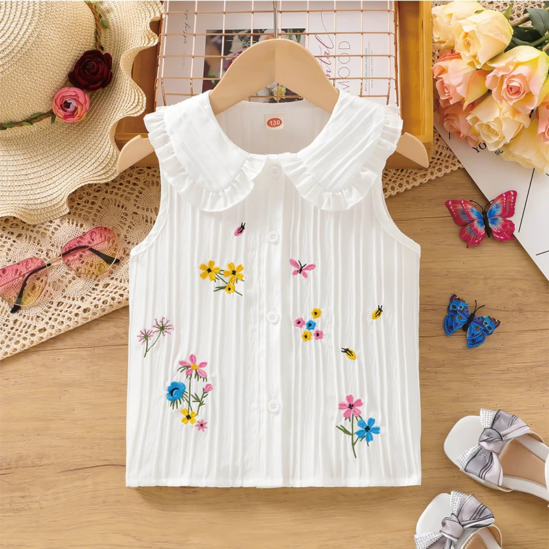 

White Embroidered Lapel Girls Casual Polyester Shirt Suitable for Festivals