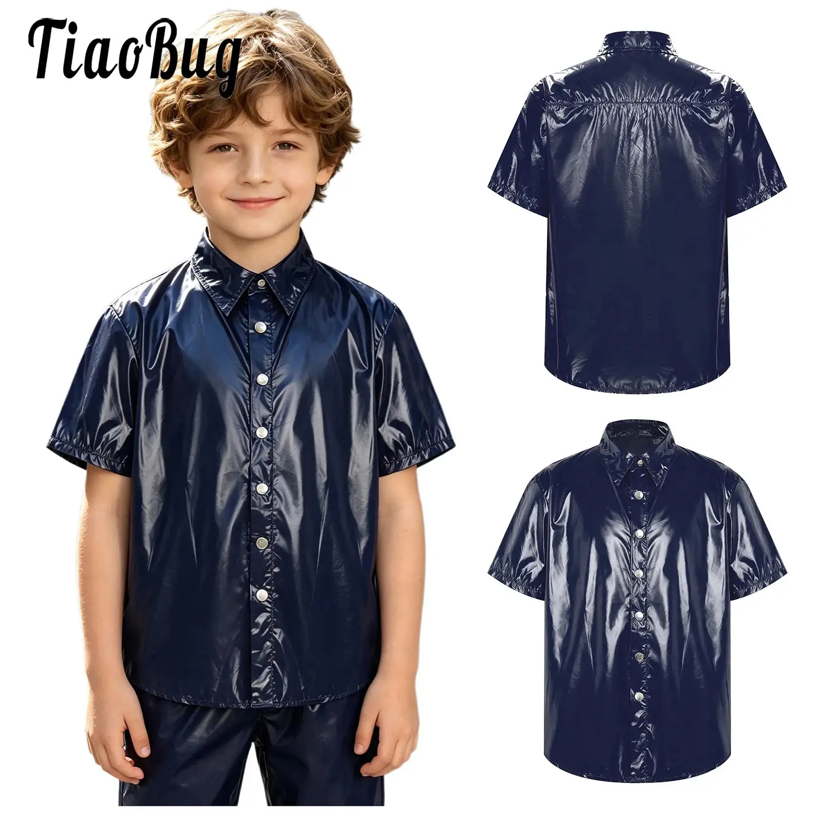 Kids Boys Glossy Water-resistant Tee Shirt Turn-down Collar Short Sleeve Press Button Front Shirt Top for Casual Special Needs