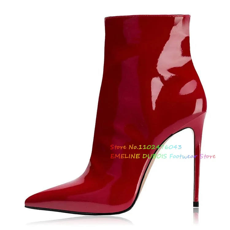 

Red Patent Leather Pointy Toe Stiletto Heel Ankle Boots For Women 12cm Solid Color Side-Zip High Heel Boot Ladies Fashion Boot