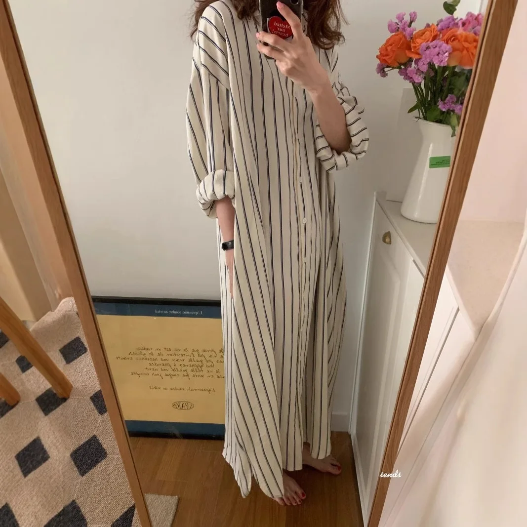 Women Shirts Dress 2026 New Spring Striped Lapel Dress Loose Drop Shoulder Shirt Dress Minimalist Lazy Style Slim Women Dress