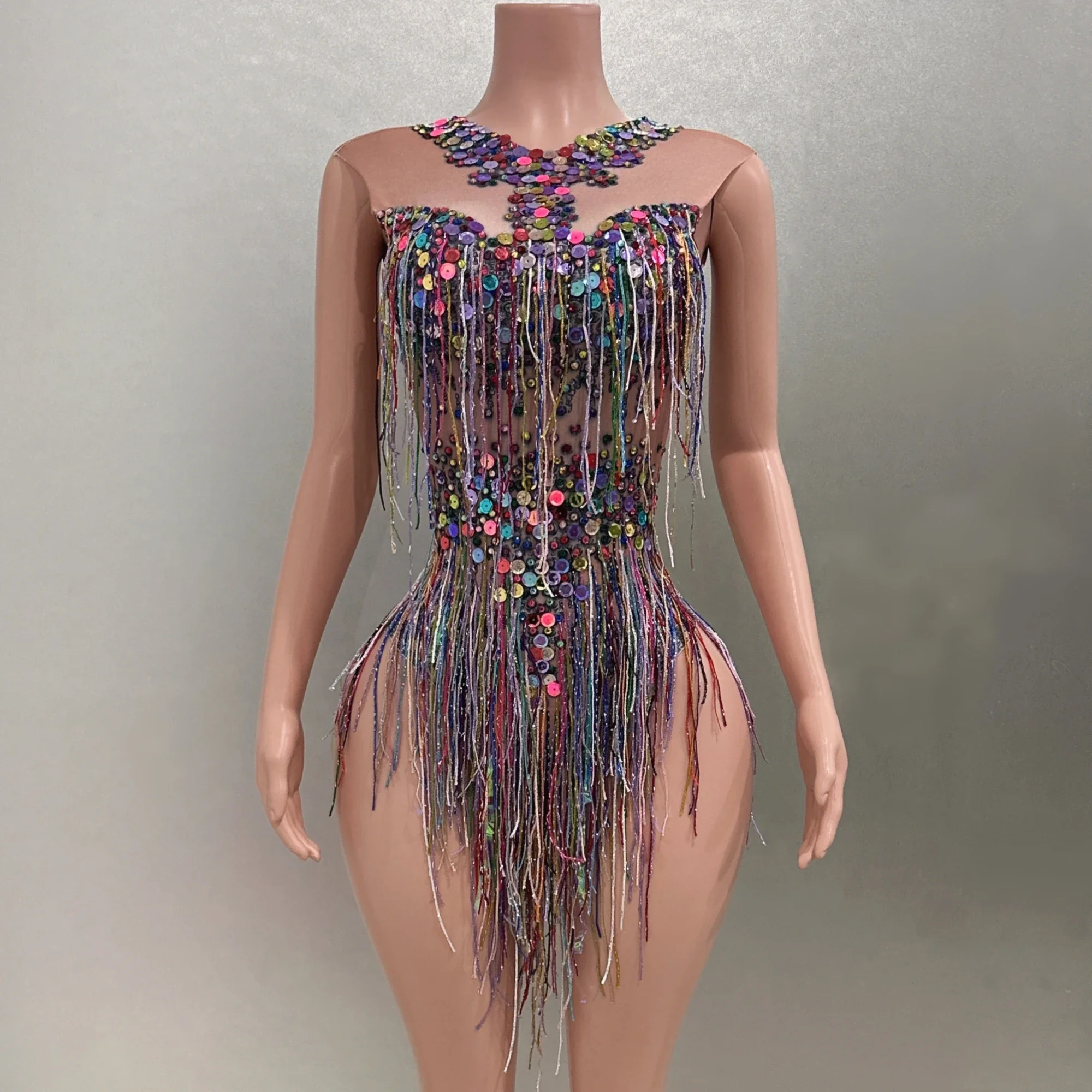 

Evening Party Nightclub Dancer Perfprmance Costume Stage Wear Colorful Tassels Sequins Sexy Sleeveless Sheath Bodysuit