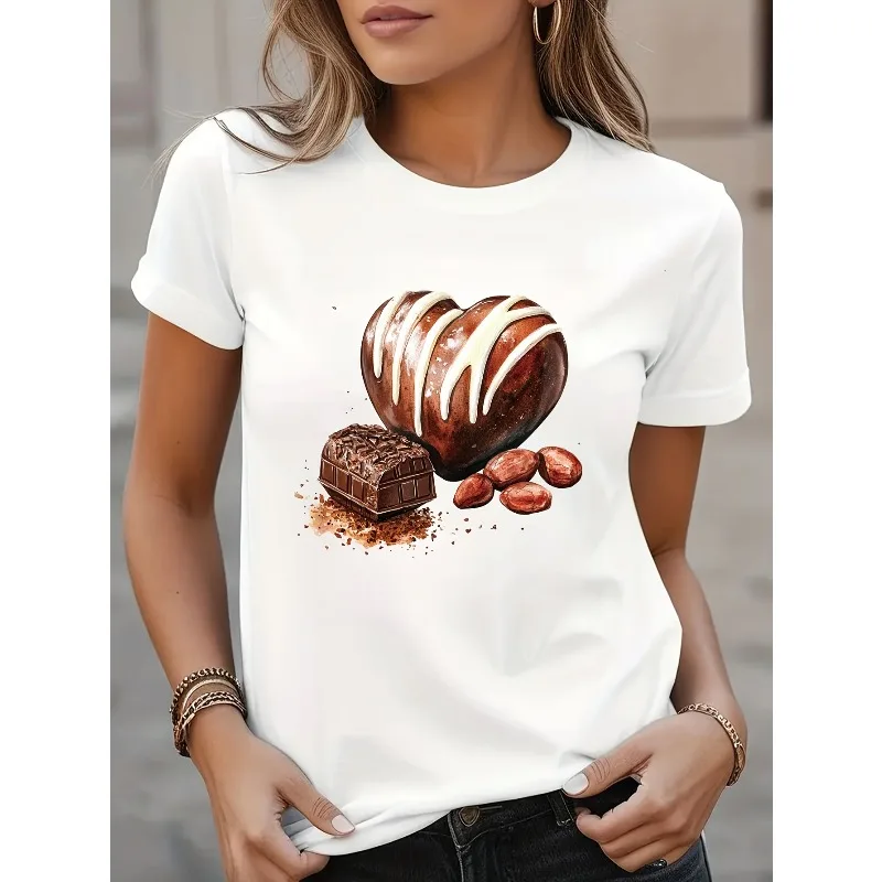 

Red Love Balloon Pattern Printed Design Round Neck T-shirt Versatile Women's Casual Valentine's Day Chocolate Printed T-shirt
