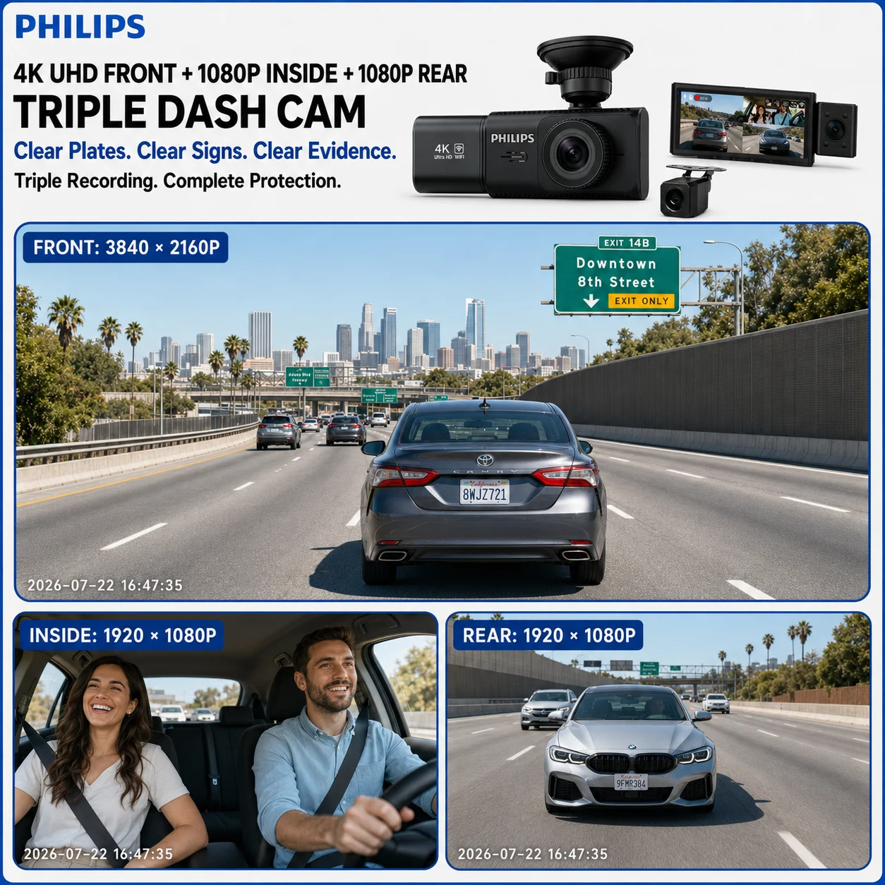 PHILIPS Dash Cam B03 4K+1K+1K HDR 3 Channel Front Cabin Rear 3.16 Inch IPS 2.4G & 5.8G WiFi APP GPS Support 24H Parking Car DVR