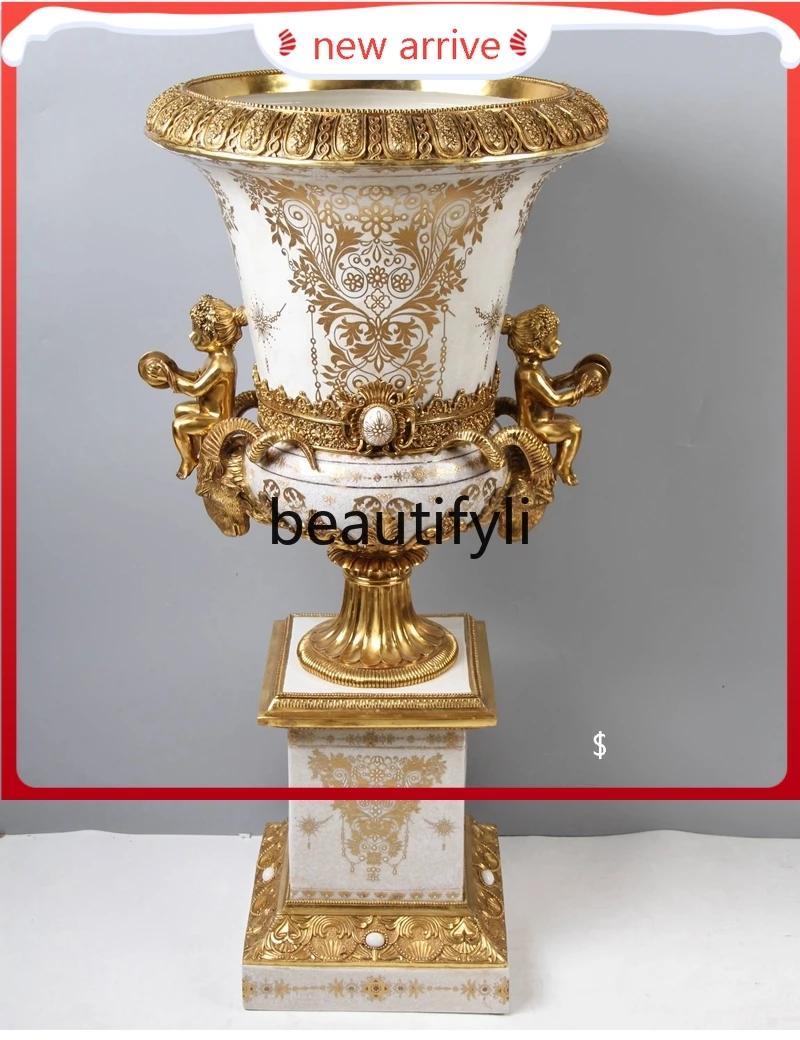 

F132 Vintage Italian copper plus ceramic gold white European trophy horn floor-to-ceiling vase flower pot