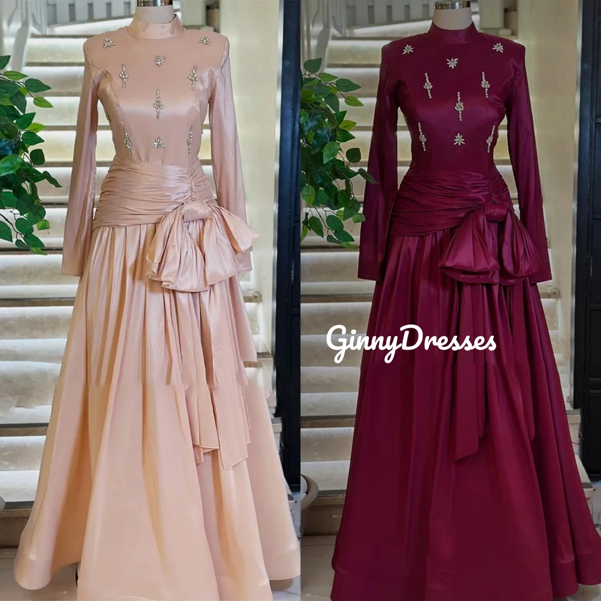 

Вечернее платье трапециевидной формы с овальным вырезом на заказ, элегантные вечерние платья для женщин, длиной до пола, на молнии, с рюшами, с длинными рукавами, на свадьбу