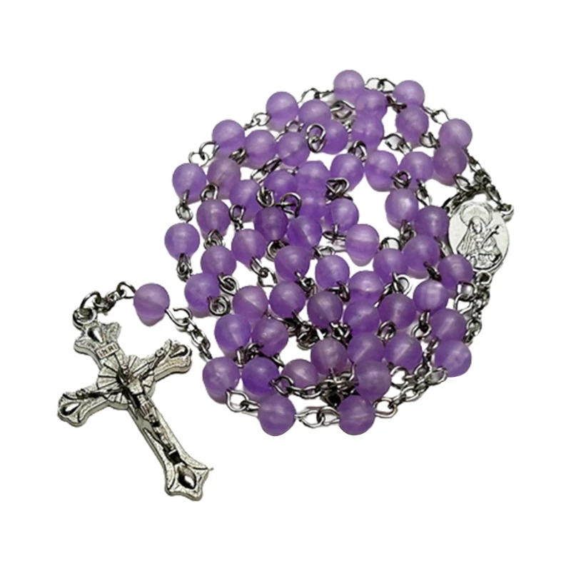 Rosary Beads Necklaces Crucifix Catholic Prayer Gift Round Glass Bead Catholic Religious Jewelry Long Necklaces