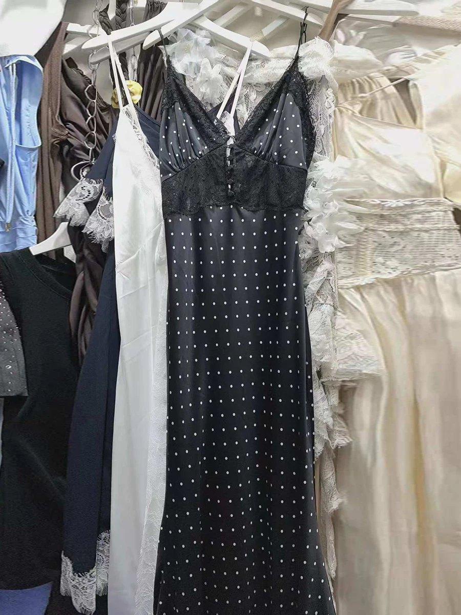 VGH Vintage Black Polka Dot Spaghetti Strap Maxi Dress for Women V Neck Spliced Sheer Lace Mermaid Skirt for Galas Red Carpet - view 6
