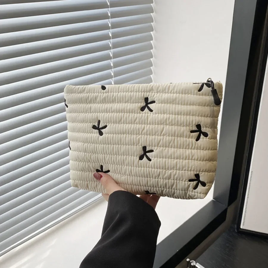 Embroidery Bow Tote Women Makeup Bag Portable Cute Ladies Cosmetic Toiletry Storage Pouch Handbag Cotton Quilted Zipper Bag