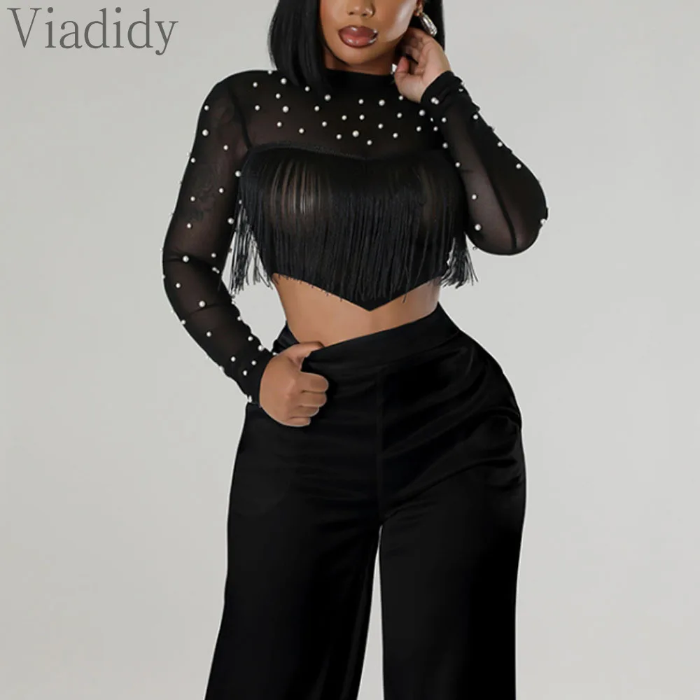 

Women's Sexy Solid Color Round Neck Beads Decor Long Sleeve Top and High Waist Wide Leg Pants 2pcs Set