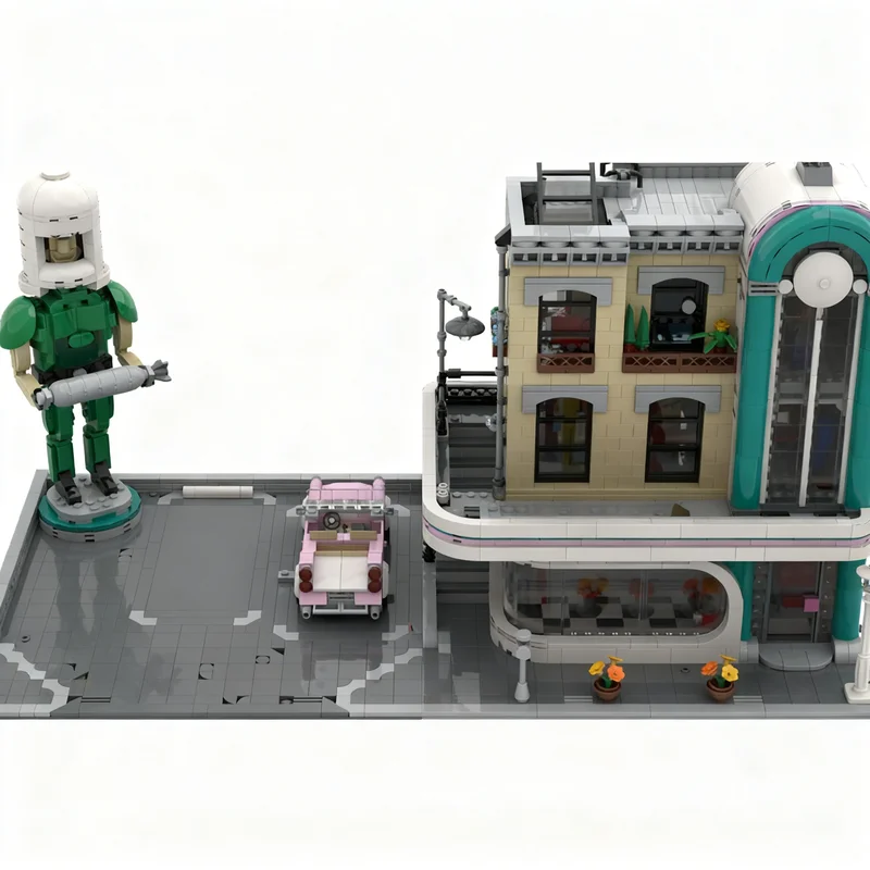 612 pz MOC Modulare Paesaggio Streetscape Downtown Diner Aggiungere Route Silenziatore Uomo Modello Building Blocks Costruzione Giocattolo Regali Di Natale