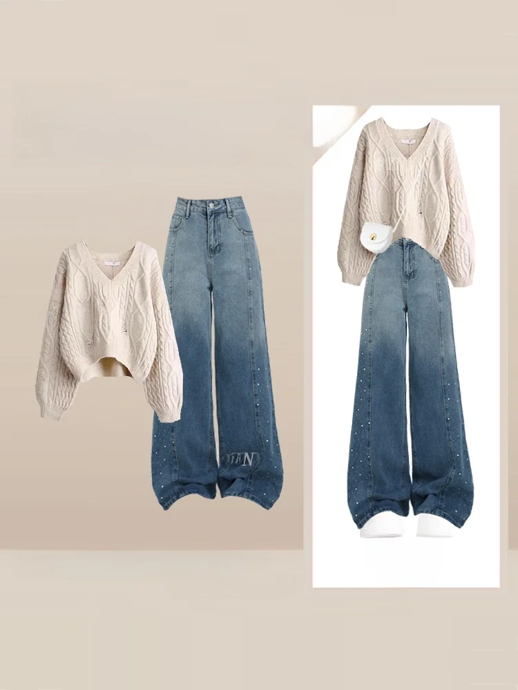 

Антивозрастной осенний комплект, женский корейский вязаный свитер, комбинезон, прямые джинсы, комплект из двух предметов, длинный свеч, круглый Ne