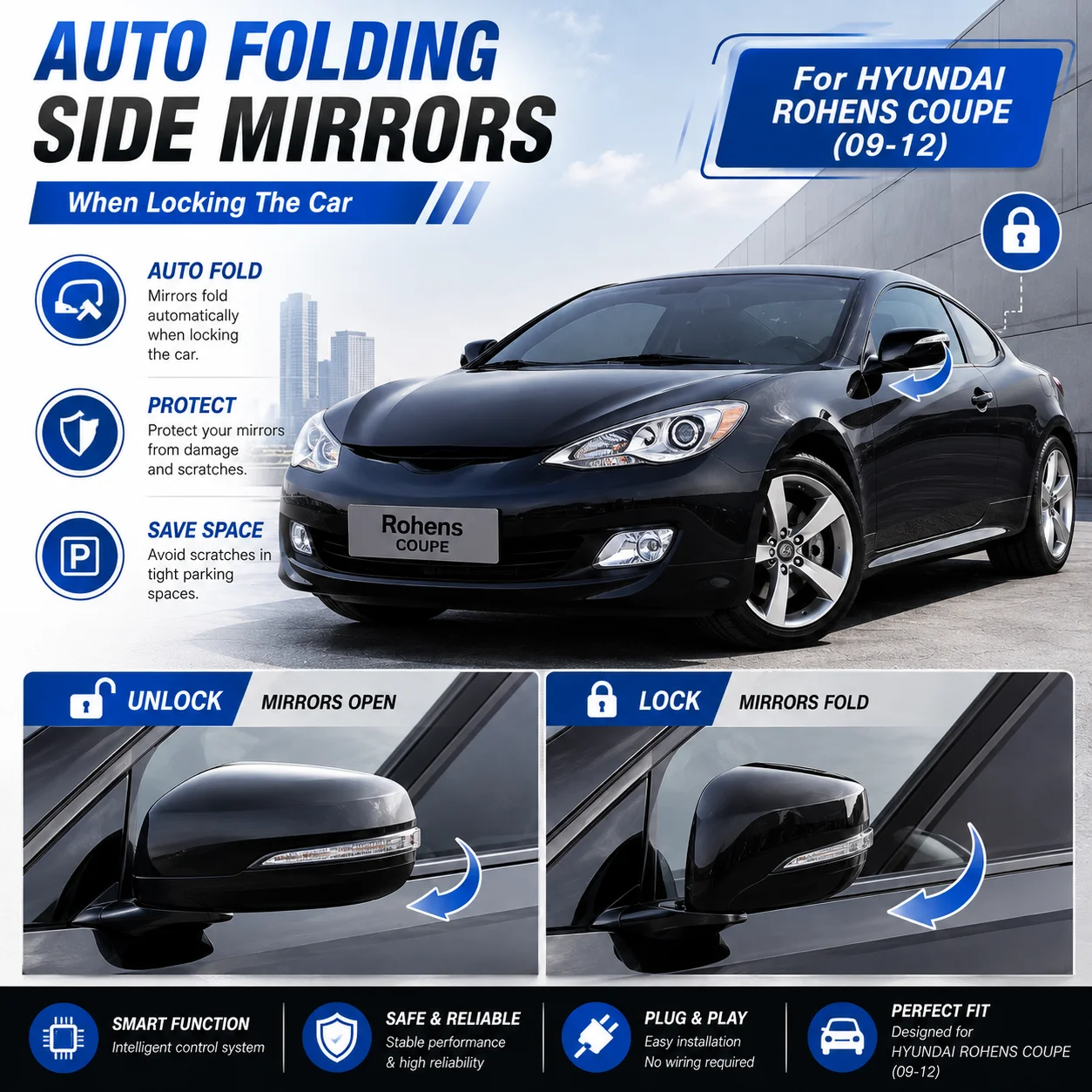 Automatic side mirror folding module for Hyundai Rohens Coupe (2009–2012 models): folds upon locking, unfolds upon unlocking.