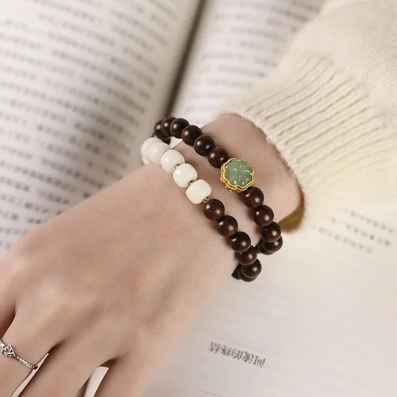 

China-Chic Authentic Green Sandalwood Hand String Lucky Four Leaf Grass White Bodhi Old Style Pearl Elegant Double Circle Bangle