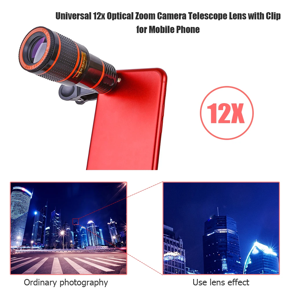 Universal 12x Optical Zoom Camera External Telescope Lens with Clip for Mobile Phone for Watch Football Scenery Game