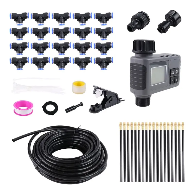 AT19-60Ft Drip Irrigation System With Smart Water Timer, Solid Brass Connectors, 360° Adjustable Nozzles, Bendable Tubing