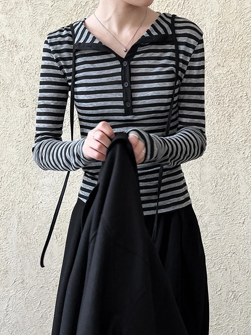 American striped hooded long-sleeved T-shirt women's autumn slim slim design base layer