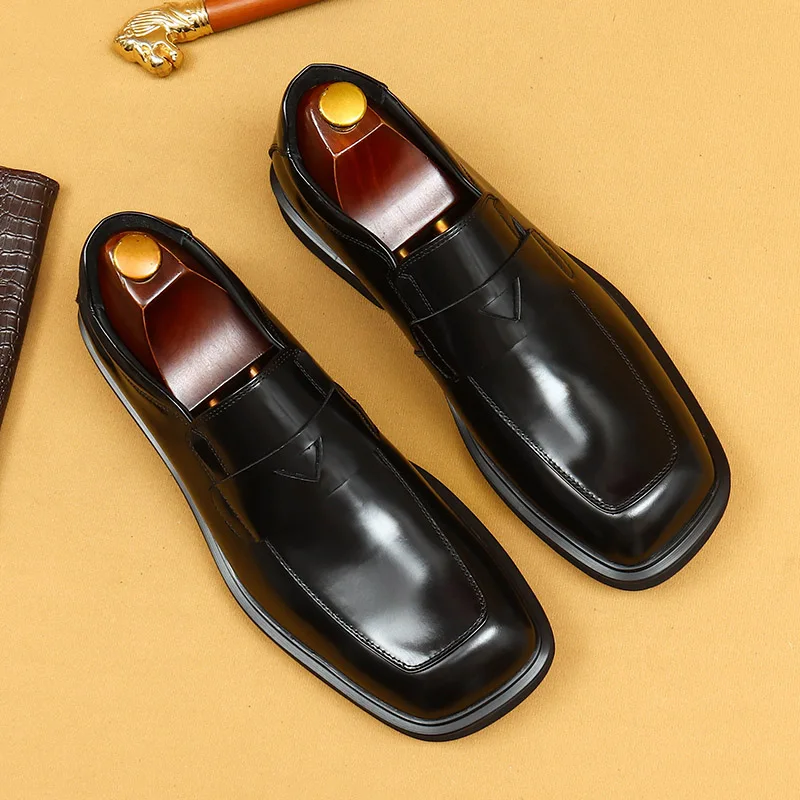 Hand Made Shoes Ceremony Thick Sole Glossy Cow Leather Square Toe Black Shoes Business Slip-on Loafers Casual Shoes for Men