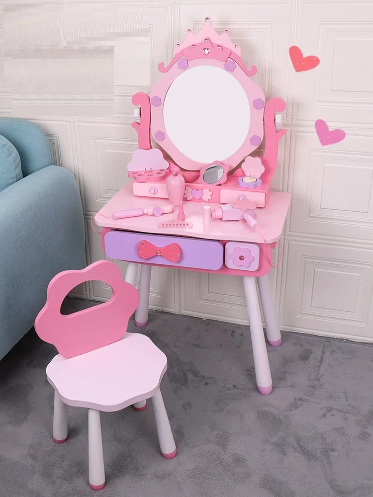 أفضل تصميم طاولة مكياج خشبية وردية جميلة للأطفال #5