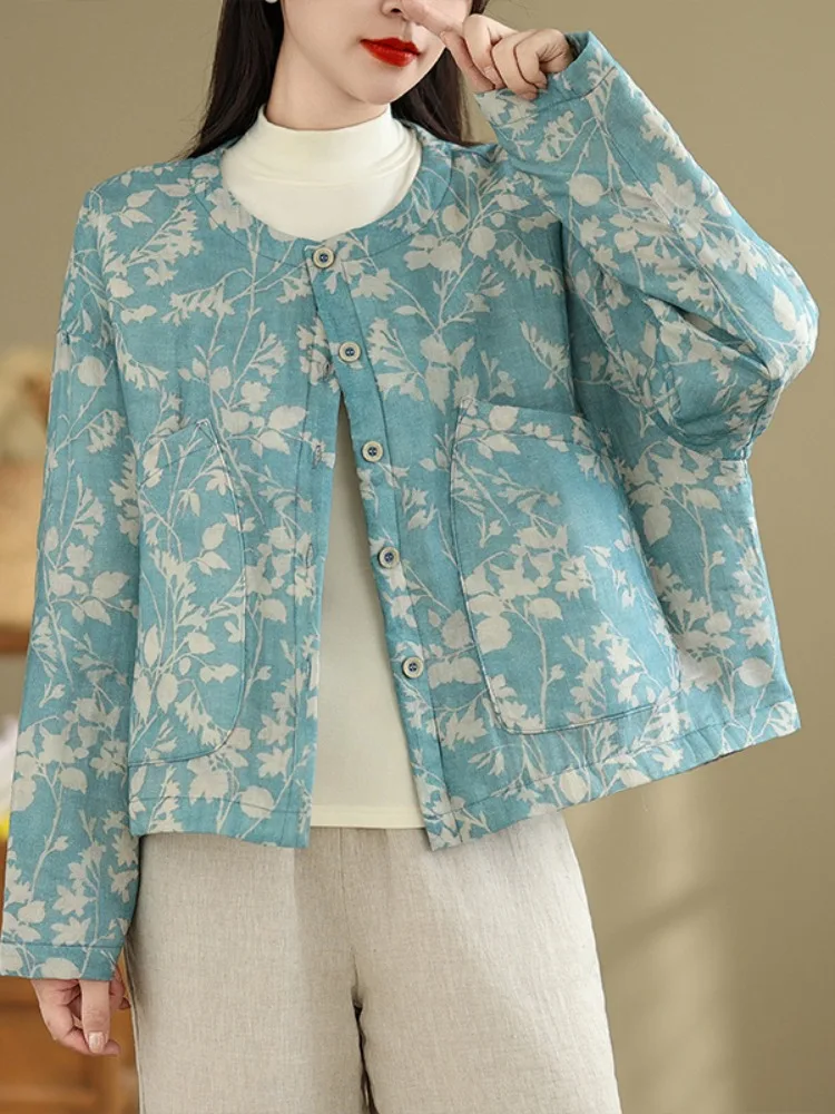 New Chinese Style Women's Cotton Jacket round Neck Print Casual Loose Fit Winter Coat with Big Pockets Floral Patterned